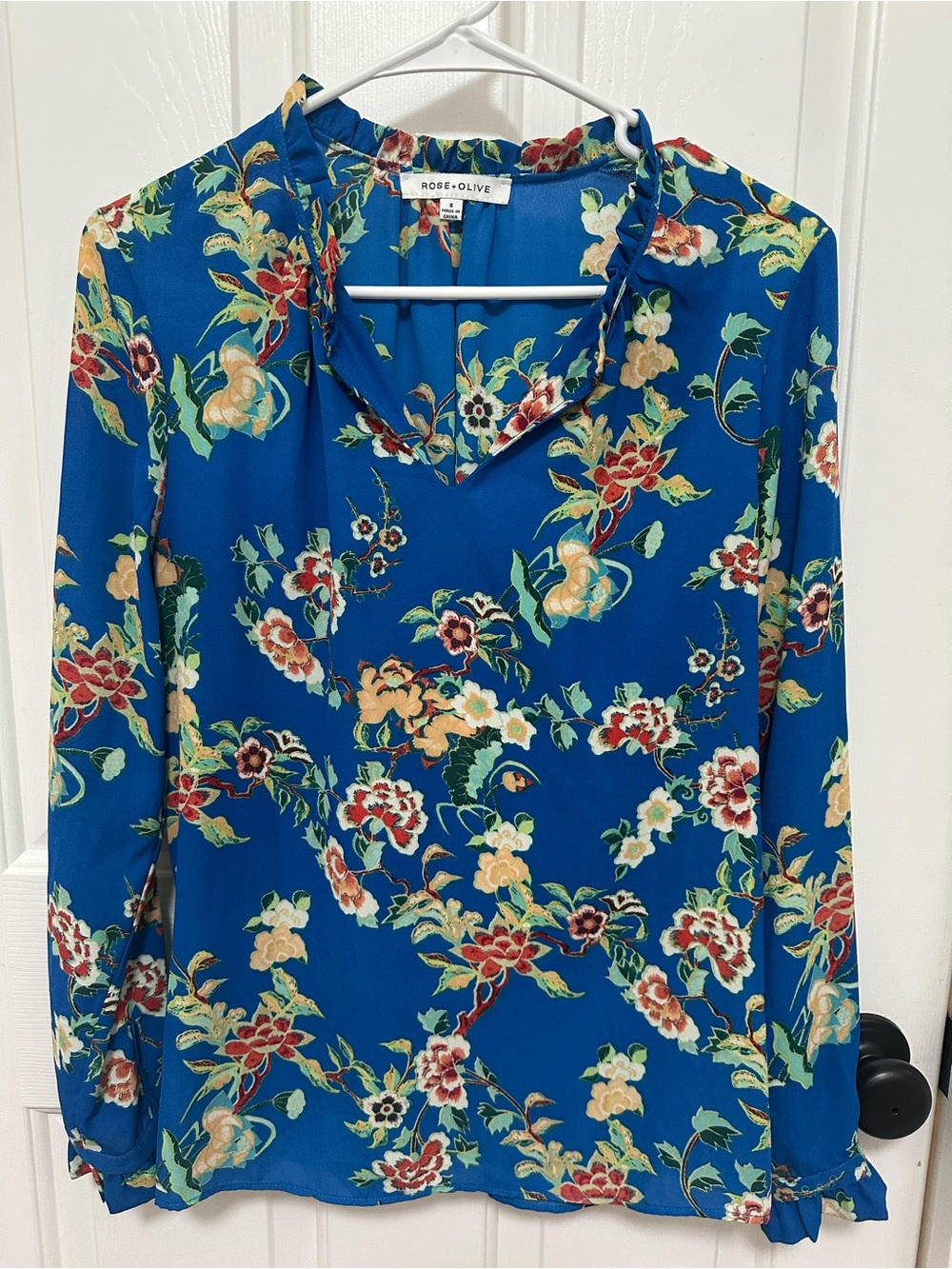 0264 Rose & Olive‎ Teal-Blue Floral Keyhole Neck Long Sleeve Blouse small